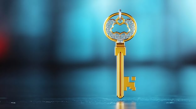 A shiny golden key with intricate designs, centered against a blurred blue background, symbolizing access photo