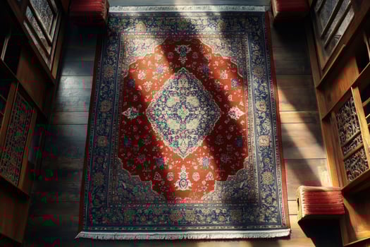 Sunlight shining on beautiful persian rug in wooden room photo