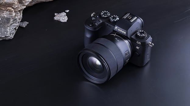 A sleek camera positioned on a dark surface, showcasing its lens and controls, with rocks nearby photo