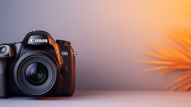 A sleek DSLR camera positioned on a surface with warm lighting, showcasing photography equipment photo