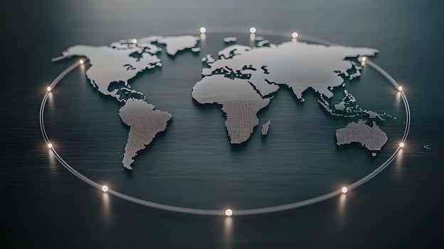 A sleek metallic world map illuminated by soft lights on a dark wooden surface, symbolizing global connectivity photo