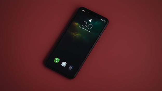 A sleek smartphone displaying a dark screen on a rich red surface, evoking modern technology photo