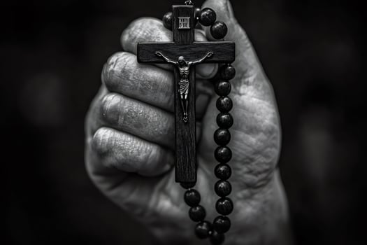 Hand holding wooden rosary with crucifix on dark background photo