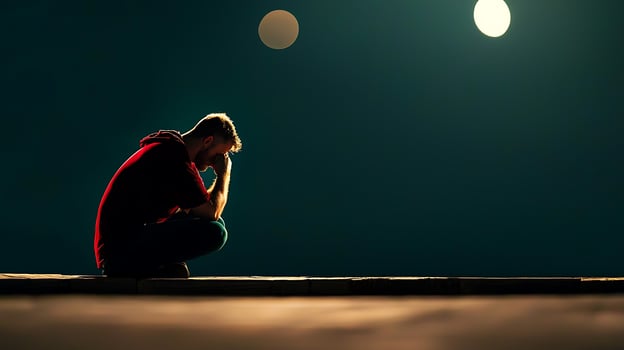 A solitary man in a red hoodie sits on a dark street, deep in thought under dim streetlights photo