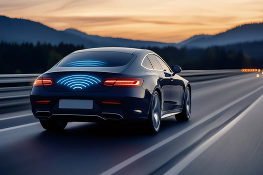 Autonomous self driving car moving on highway at sunset communicating with network photo