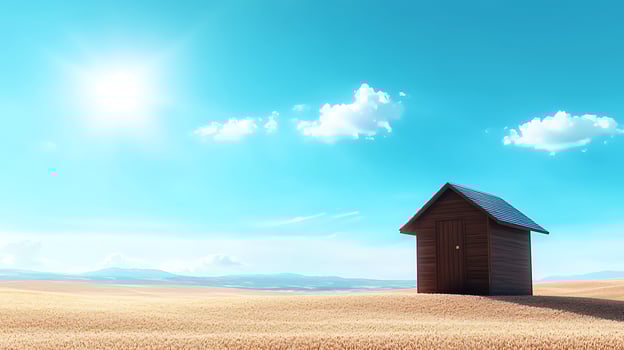 A solitary wooden house stands in a vast golden field under a bright blue sky photo