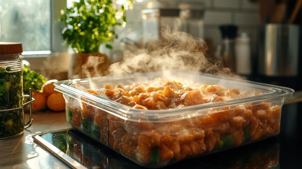 Ultra-processed foods concept. Steaming ultra-processed foods in clear container on stove photo