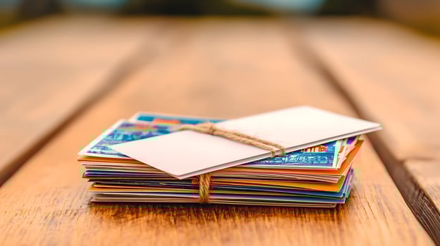 A stack of vintage postcards tied with twine on a rustic wooden table in a serene outdoor setting photo