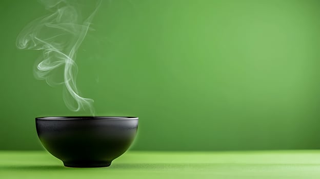 A steaming black bowl on a vibrant green background, evoking warmth and comfort photo