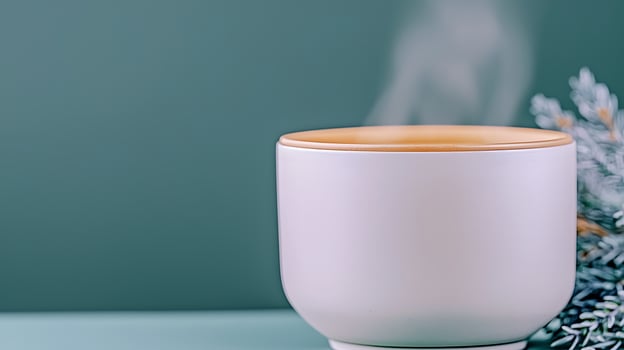 A steaming cup of tea placed on a minimalist table with a sprig of greenery in the background photo