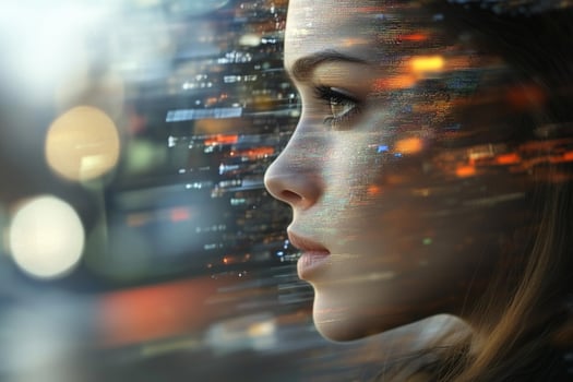 A woman's face is covered with digital images photo