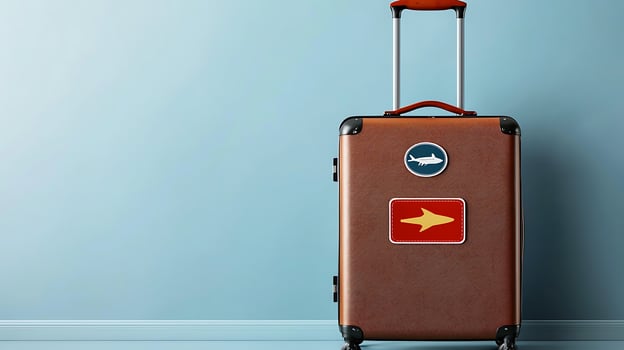 A stylish brown suitcase with travel stickers stands against a light blue wall in a modern setting photo