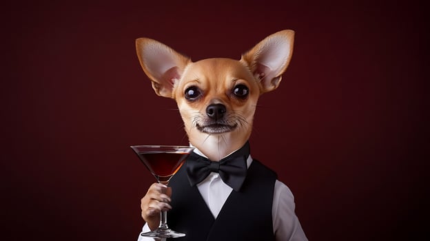 A stylish dog in a tuxedo holding a martini, set against a rich burgundy backdrop, exuding charm photo