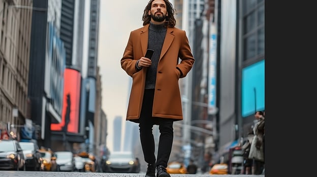 A stylish man walks confidently through a busy urban street with skyscrapers and traffic photo