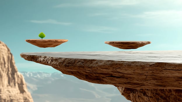 A surreal landscape featuring floating rock platforms with a small tree, set against a serene sky photo