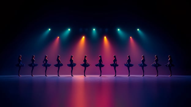 A synchronized line of ballet dancers performing under colorful stage lights in a theater photo