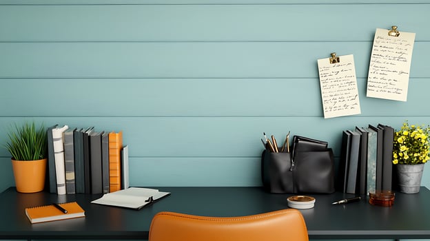 A tidy workspace featuring a desk with plants, notebooks, and stationery against a blue wall photo