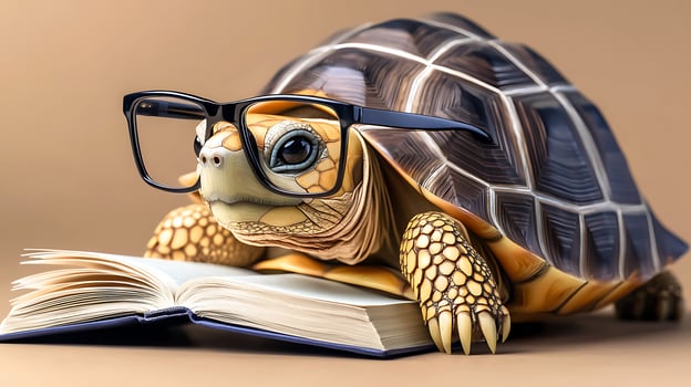 A tortoise wearing glasses reads an open book on a smooth surface, showcasing a whimsical scene photo