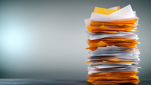 A towering stack of disorganized paperwork against a soft gray background, suggesting chaos photo