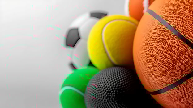 A vibrant arrangement of various sports balls including soccer, basketball, and tennis, showcasing diverse colors photo