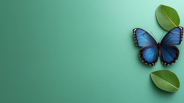 A vibrant blue butterfly perched on green leaves against a soft teal background photo
