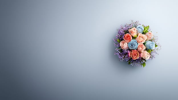 A vibrant bouquet of pastel roses and lavender arranged beautifully against a soft blue background photo
