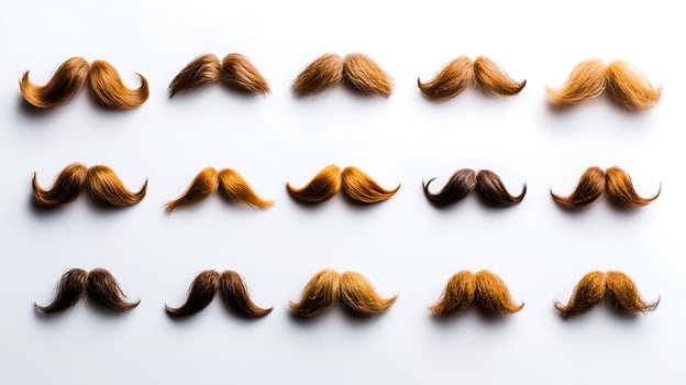 A vibrant collection of various mustache styles arranged in a grid on a white background photo