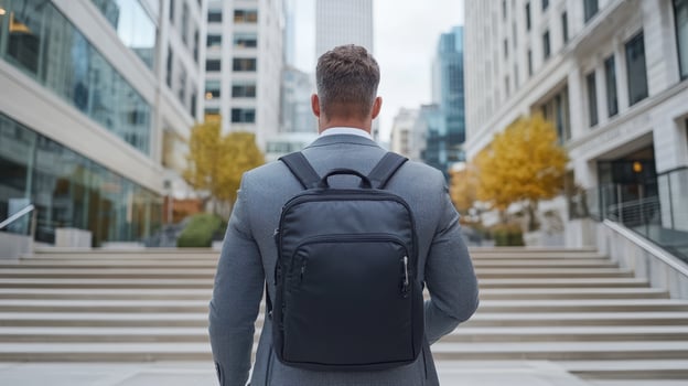 professional man in suit walks confidently up steps in urban setting, showcasing determination photo