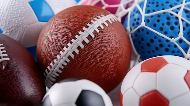 A vibrant collection of various sports balls including soccer, football, and basketball arranged artistically photo