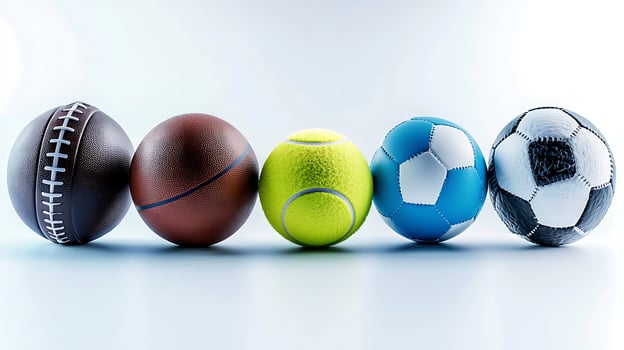 A vibrant display of five diverse sports balls arranged on a clean surface, showcasing variety photo