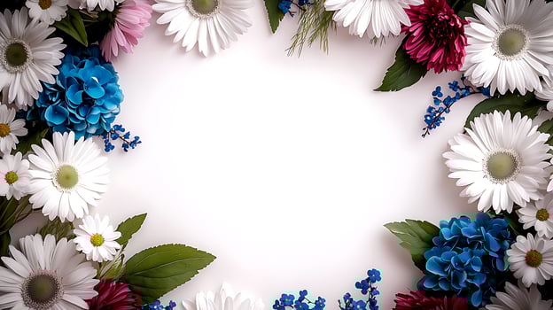 A vibrant floral frame featuring daisies, blue and pink flowers, creating a cheerful backdrop photo