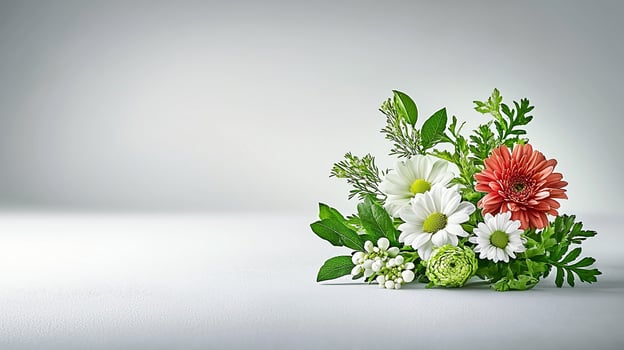 A vibrant floral arrangement featuring daisies, gerberas, and greenery on a soft background photo
