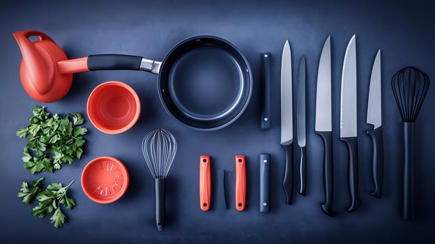 A vibrant kitchen setup featuring cooking tools, herbs, and utensils arranged for meal preparation photo