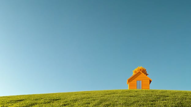 A vibrant orange house on a grassy hill under a clear blue sky with a tree on top photo