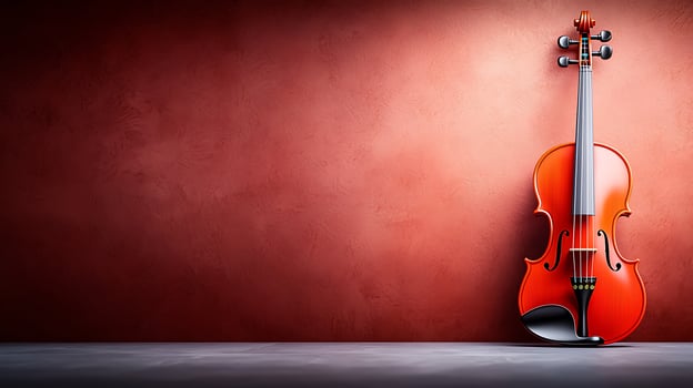 A vibrant orange violin resting against a textured red wall, showcasing artistic elegance and harmony photo