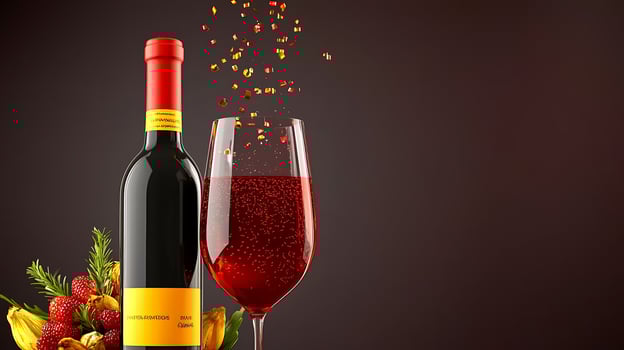 A vibrant red wine bottle beside a glass filled with sparkling wine and fruit garnish, set against a dark backdrop photo
