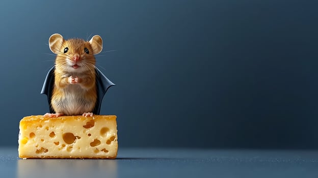 A whimsical mouse wearing bat wings stands on a piece of cheese against a dark background photo