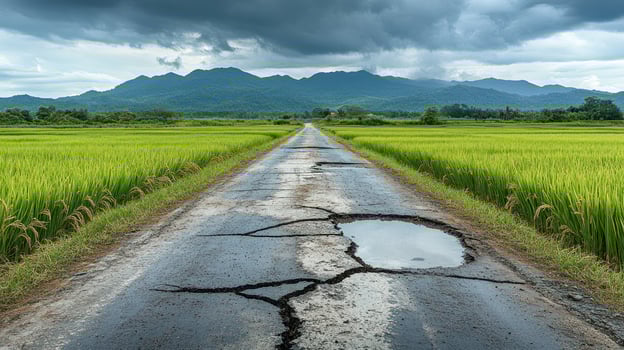 Damaged Road Through Rice Paddy Fields Under Cloudy Sky photo