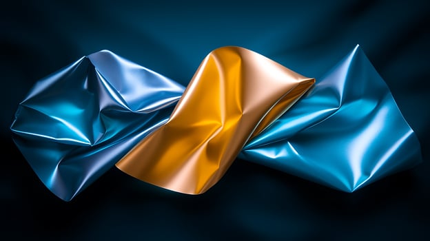 Abstract composition of crumpled metallic fabric in blue and gold against a dark background photo