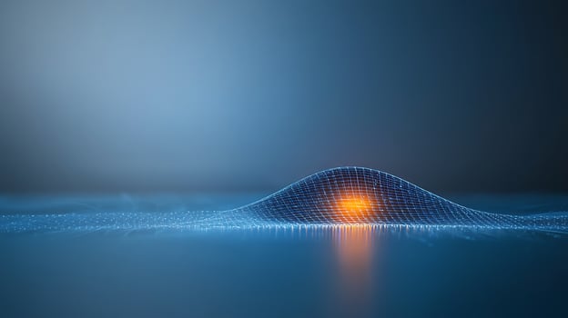 Abstract digital landscape with glowing orange element under a blue mesh surface photo