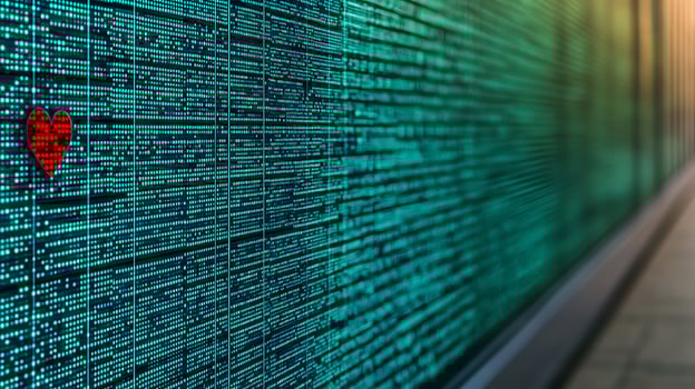 Abstract digital wall with green data streams and a red heart symbolizing love in technology photo