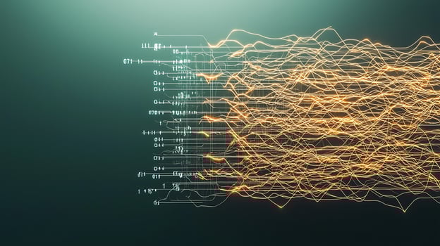 Abstract representation of data flow with glowing lines and numbers against a dark background photo