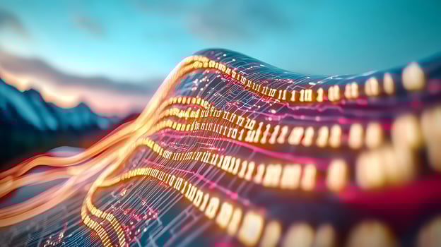 Abstract representation of digital data flow over a mountainous landscape at sunset photo