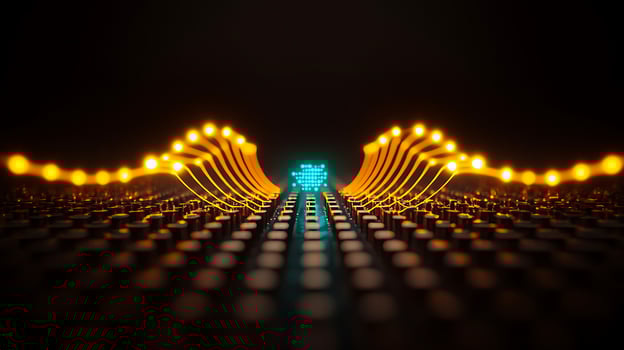 Abstract representation of electronic signals flowing through a circuit board at night photo