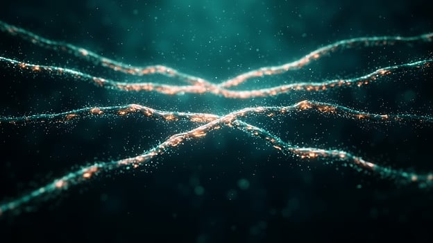 Abstract visualization of intertwining glowing strands in a dark, ethereal underwater scene photo