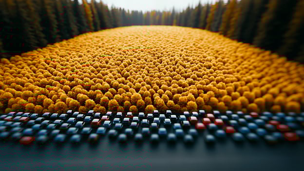 Aerial view of a vibrant yellow forest with a line of parked cars along the road photo