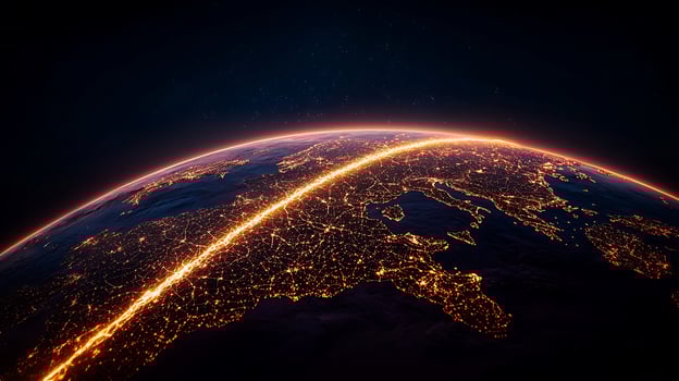 Aerial view of Earth at night showcasing illuminated cities and natural landscapes photo