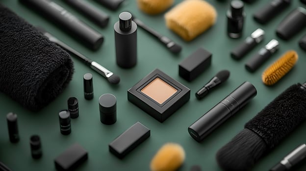 Aesthetic arrangement of black makeup products and brushes on a green background, showcasing beauty tools photo