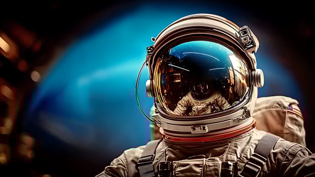 Astronaut in a space suit gazing at a vibrant blue background, evoking exploration and adventure photo