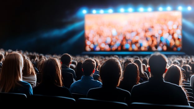 Audience watching a vibrant performance on a large screen in a dimly lit theater photo